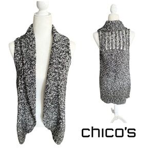 Chico's Women's Open Front Cardigan Sweater Vest Black White Neutral Cozy S/M